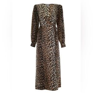 NWT Ganni Long Sleeve Leopard Print Maxi Wrap Dress